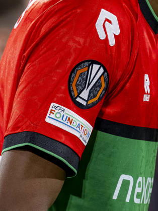 NIJMEGEN - Europa League patch on the sleeve of the N.E.C. shirt during the UEFA Europa League match between N.E.C. and Levski Sofia at Stadion De Goffert on 15 October 2026 in Nijmegen, Nederland. (Photo by DeFodi Images) -