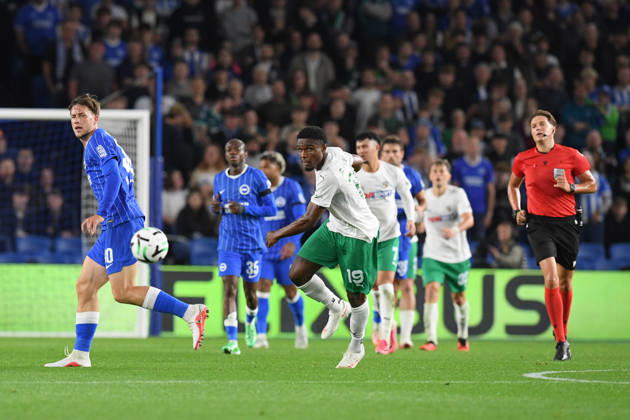 Brighton and Hove Albion v Kauno Zalgiris, UEFA Conference League Renan Oliveira of Kauno Zalgiris plays the ball during the UEFA Conference League match between Brighton and Hove Albion and Kauno Zalgiris at the American Express Stadium, Brighton and Hove, UK on 15 October 2026. Brighton and Hove American Express Stadium East Sussex UK Editorial use only , Copyright: xJeffxMoodx PSI-25024-0090