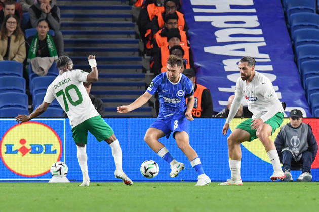 Brighton and Hove Albion v Kauno Zalgiris, UEFA Conference League Fabien Ourega of Kauno Zalgiris and Jack Hinshelwood Midfielder of Brighton and Hove Albion in action during the UEFA Conference League match between Brighton and Hove Albion and Kauno Zalgiris at the American Express Stadium, Brighton and Hove, UK on 15 October 2026. Brighton and Hove American Express Stadium East Sussex UK Editorial use only , Copyright: xJeffxMoodx PSI-25024-0091
