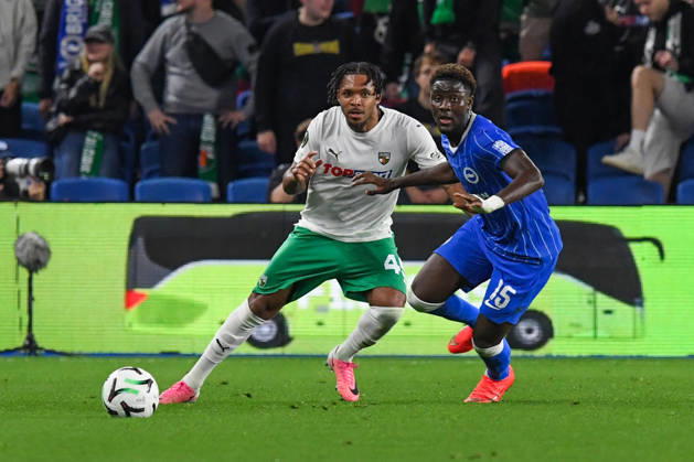 Brighton and Hove Albion v Kauno Zalgiris, UEFA Conference League Joris Moutachy of Kauno Zalgiris and Ibrahim Osman Forward of Brighton and Hove Albion in action during the UEFA Conference League match between Brighton and Hove Albion and Kauno Zalgiris at the American Express Stadium, Brighton and Hove, UK on 15 October 2026. Brighton and Hove American Express Stadium East Sussex UK Editorial use only , Copyright: xJeffxMoodx PSI-25024-0099