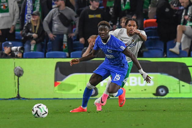 Brighton and Hove Albion v Kauno Zalgiris, UEFA Conference League Ibrahim Osman Forward of Brighton and Hove Albion wins the ball from Joris Moutachy of Kauno Zalgiris during the UEFA Conference League match between Brighton and Hove Albion and Kauno Zalgiris at the American Express Stadium, Brighton and Hove, UK on 15 October 2026. Brighton and Hove American Express Stadium East Sussex UK Editorial use only , Copyright: xJeffxMoodx PSI-25024-0100