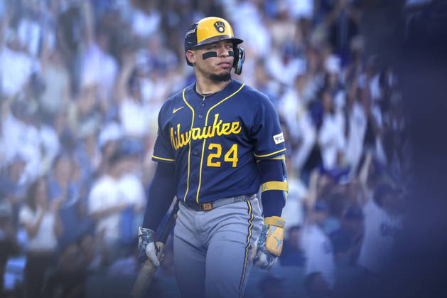 MLB, Baseball Herren, USA Postseason: NLCS Game 4 - Los Angeles Dodgers vs Milwaukee Brewers Milwaukee Brewers catcher William Contreras in action during Game 4 of the National League Championship Series between the Los Angeles Dodgers and the Milwaukee Brewers at Dodger Stadium in Los Angeles, California, USA, 15 October 2026. LOS ANGELES CALIFORNIA UNITED STATES  Copyright: xCHRISxTORRESx
