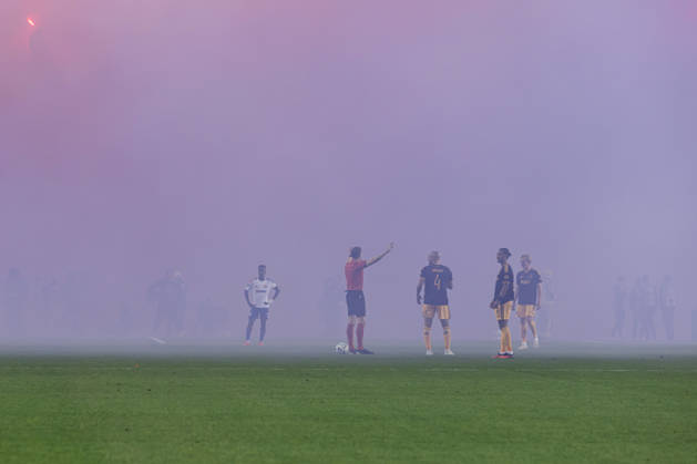 October 15, 2026, Split, Dalmatia, Croatia: Torcida Split, supporters of HNK Hajduk Split, set off numerous flares during the UEFA Conference League match between HNK Hajduk Split (CRO) and AFC Ajax Amsterdam (NL) at Poljud Stadium. Split Croatia - ZUMAp210 20261015_zsp_p210_011 Copyright: xMajaxPrgometx