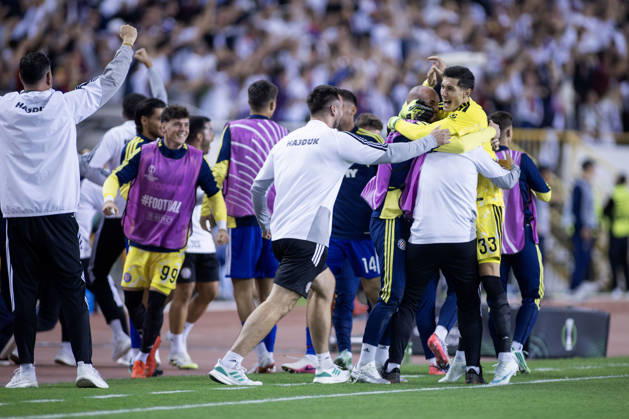 October 15, 2026, Split, Dalmatia, Croatia: Hajduk goalkeeper Toni Silic 33 celebrates a goal with his teammates during the during the UEFA Conference League match between HNK Hajduk Split (CRO) and AFC Ajax Amsterdam (NL) at Poljud Stadium. Split Croatia - ZUMAp210 20261015_zsp_p210_013 Copyright: xMajaxPrgometx