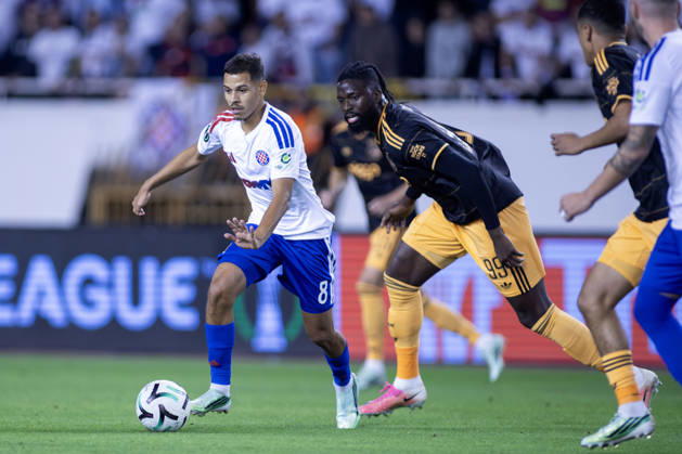 October 15, 2026, Split, Dalmatia, Croatia: Khalil Fayade (HNK HAjduk) 8 and Toluwalase Arokodare (AFC Ajax) 99 in action during he UEFA Conference League match between HNK Hajduk Split (CRO) and AFC Ajax Amsterdam (NL) at Poljud Stadium. Split Croatia - ZUMAp210 20261015_zsp_p210_026 Copyright: xMajaxPrgometx