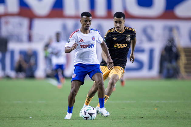 October 15, 2026, Split, Dalmatia, Croatia: Dalisson de Almeida ( HNK HAJDUK Split) 9 and Abdellah Ouazane (AFC Ajax) 68 in action during he UEFA Conference League match between HNK Hajduk Split (CRO) and AFC Ajax Amsterdam (NL) at Poljud Stadium. Split Croatia - ZUMAp210 20261015_zsp_p210_027 Copyright: xMajaxPrgometx