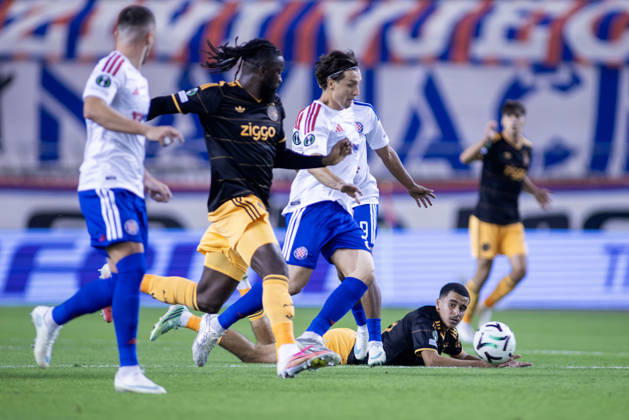 October 15, 2026, Split, Dalmatia, Croatia: Alberto Del Moral (HNK HAjduk) 20 in action during he UEFA Conference League match between HNK Hajduk Split (CRO) and AFC Ajax Amsterdam (NL) at Poljud Stadium. On ground Abdellah Ouazane (AFC Ajax) 68. Split Croatia - ZUMAp210 20261015_zsp_p210_029 Copyright: xMajaxPrgometx