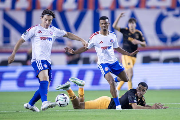 October 15, 2026, Split, Dalmatia, Croatia: Alberto Del Moral (HNK HAjduk) 20 and Dalisson de Almeida ( HNK HAJDUK Split) 9 in action during he UEFA Conference League match between HNK Hajduk Split (CRO) and AFC Ajax Amsterdam (NL) at Poljud Stadium. On ground Abdellah Ouazane (AFC Ajax) 68. Split Croatia - ZUMAp210 20261015_zsp_p210_037 Copyright: xMajaxPrgometx