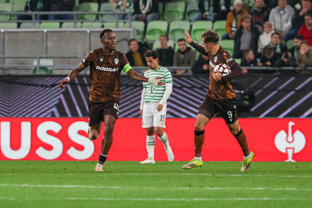 Ferencvaros V Viktoria Plzen - UEFA Europa League 2026 27 League Phase Match Day 2 Sampson Dweh and Denis Visinsky of Viktoria Plzen celebrate during the UEFA Europa League 2026 27 League Phase Matchday 2 match between Ferencvaros and Viktoria Plzen at Groupama Arena in Budapest, Hungary, on October 15, 2026. Budapest Hungary  Copyright: xPalxGöllnerx originalFilename:gollner-notitle261015_npKj5.jpg