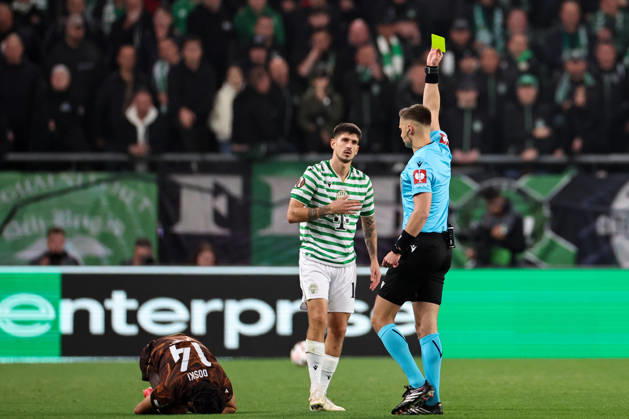 (261016) -- BUDAPEST, Oct. 16, 2026 -- Referee Damian Sylwestrzak (R) gives Attila Osvath (C) of Ferencvaros a yellow card during the UEFA Europa League 2026 27 League Phase match between Ferencvaros and Viktoria Plzen in Budapest, Hungary, Oct. 15, 2026. ) (SP)HUNGARY-BUDAPEST-FOOTBALL-UEFA EUROPA LEAGUE-FERENCVAROS VS VIKTORIA PLZEN HuxZhixuan 