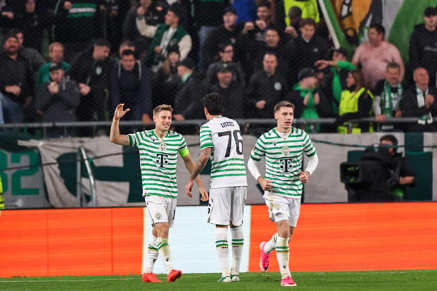 (261016) -- BUDAPEST, Oct. 16, 2026 -- Kristoffer Zachariassen (L) of Ferencvaros celebrates with Krisztian Lisztes during the UEFA Europa League 2026 27 League Phase match between Ferencvaros and Viktoria Plzen in Budapest, Hungary, Oct. 15, 2026. ) (SP)HUNGARY-BUDAPEST-FOOTBALL-UEFA EUROPA LEAGUE-FERENCVAROS VS VIKTORIA PLZEN HuxZhixuan 
