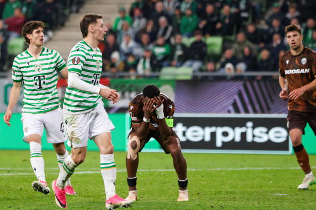 (261016) -- BUDAPEST, Oct. 16, 2026 -- Sampson Dweh (3rd L) of Viktoria Plzen reacts during the UEFA Europa League 2026 27 League Phase match between Ferencvaros and Viktoria Plzen in Budapest, Hungary, Oct. 15, 2026. ) (SP)HUNGARY-BUDAPEST-FOOTBALL-UEFA EUROPA LEAGUE-FERENCVAROS VS VIKTORIA PLZEN HuxZhixuan 