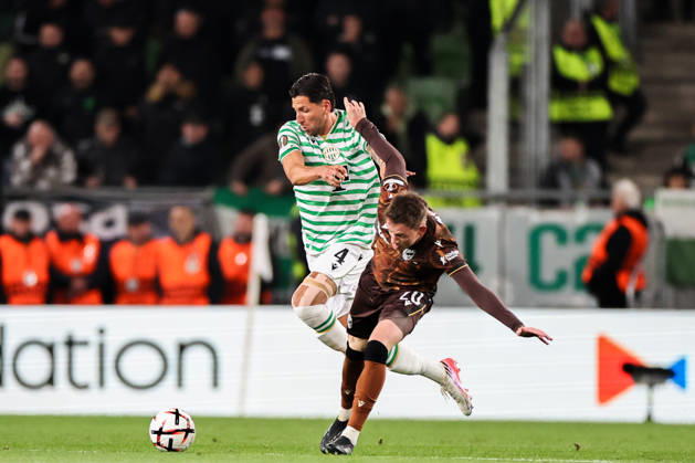 (261016) -- BUDAPEST, Oct. 16, 2026 -- Mariano Gomez (L) of Ferencvaros vies with Jiri Panos of Viktoria Plzen during the UEFA Europa League 2026 27 League Phase match between Ferencvaros and Viktoria Plzen in Budapest, Hungary, Oct. 15, 2026. ) (SP)HUNGARY-BUDAPEST-FOOTBALL-UEFA EUROPA LEAGUE-FERENCVAROS VS VIKTORIA PLZEN HuxZhixuan 