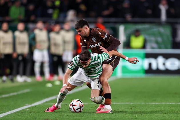 (261016) -- BUDAPEST, Oct. 16, 2026 -- Veljko Birmancevic (bottom) of Ferencvaros vies with Stefan Pirgic of Viktoria Plzen during the UEFA Europa League 2026 27 League Phase match between Ferencvaros and Viktoria Plzen in Budapest, Hungary, Oct. 15, 2026. ) (SP)HUNGARY-BUDAPEST-FOOTBALL-UEFA EUROPA LEAGUE-FERENCVAROS VS VIKTORIA PLZEN HuxZhixuan 
