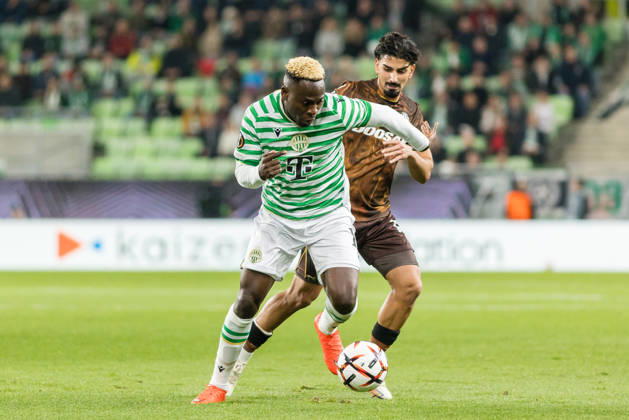 Ferencvaros v Viktoria Plzen, UEFA Europa League, Budapest, Hungary Budapest, Hungary. 15th, October 2026. Bamidele Yusuf of Ferencvaros and Merchas Doski of Viktoria Plzen seen during the UEFA Europa League match between Ferencvaros and Viktoria Plzen at Groupama Arena in Budapest. Hungary, Budapest, Groupama Arena Copyright: xGonzalesxPhoto BalazsxPopalx