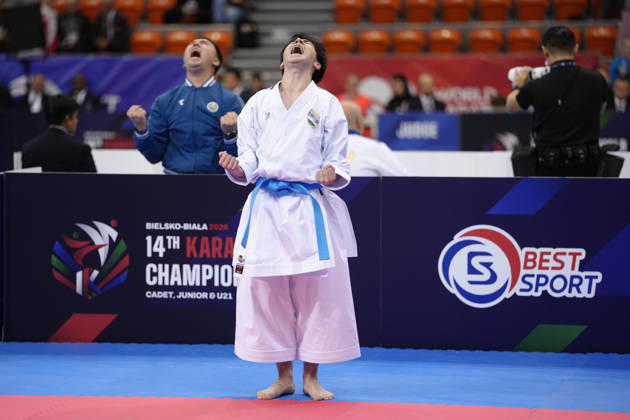 2026 World Cadet, Junior & U21, U 21 Karate Championships BIELSKO-BIALA, POLAND - OCTOBER 16: Javokhir Djakhangirov of Uzbekistan celebrates victory after winning the cadet male individual kata semi-final at the 2026 World Cadet, Junior & U21 Karate Championships at Hala Pod Debowcem on October 16, 2026 in Bielsko-Biala, Poland. Bielsko-Biala Hala Pod Debowcem Poland Copyright: x2026xKaratexInsights PSxImagesxKjetilxWaber KaratexInsightsx