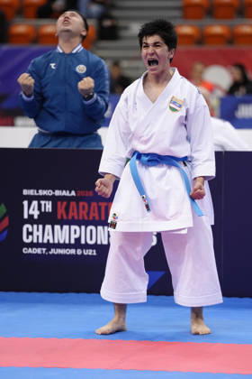 2026 World Cadet, Junior & U21, U 21 Karate Championships BIELSKO-BIALA, POLAND - OCTOBER 16: Javokhir Djakhangirov of Uzbekistan celebrates victory after winning the cadet male individual kata semi-final at the 2026 World Cadet, Junior & U21 Karate Championships at Hala Pod Debowcem on October 16, 2026 in Bielsko-Biala, Poland. Bielsko-Biala Hala Pod Debowcem Poland Copyright: x2026xKaratexInsights PSxImagesxKjetilxWaber KaratexInsightsx