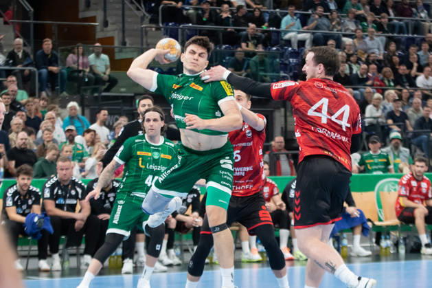 Handball, HBL2: SC DHfK Leipzig - ASV Hamm-Westfalen; 16.10.2026 Matej Klima (13, SC DHfK Leipzig) setzt sich durch. Handball, 2. Bundesliga, Saison 2026 2027, 8. Spieltag: SC DHfK Leipzig vs. ASV Hamm-Westfalen am 16.10.2026 in der Quarterback Immobilien Arena Leipzig. Copyright: xBEAUTIFULxSPORTS JanxKaeferx