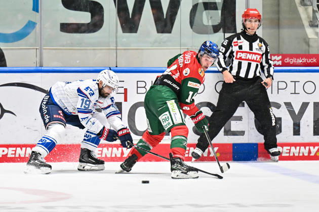 Penny DEL; Augsburger Panther - Adler Mannheim, 16.10.2026 AUGSBURG, GERMANY; 16. OCTOBER: im Duell Luke ESPOSITO (Adler Mannheim 19) und D. J. BUSDEKER (Augsburger Panther 14) während dem Match der Penny DEL zwischen den Augsburger Panthern und den Adler Mannheim am 9. Spieltag im Curt Frenzel Stadion Copyright: xBEAUTIFULxSPORTS Goldbergx
