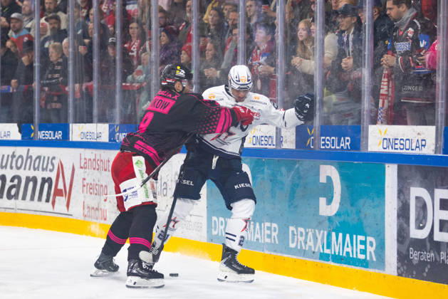 DEL2 (matchday 9) Ice hockey, Eishockey match between EV Landshut and Ravensburg Towerstars on 16.10.2026. in VR-Bank Landshut Arena Landshut, Germany. Finn Serikow (EV Landshut 8) and Matej Mrazek (Ravensburg Towerstars 21) seen in action during the DEL2 (matchday 9) ice hockey match between EV Landshut and Ravensburg Towerstars on 16.10.2026. in VR-Bank Landshut Arena Landshut, Germany. Copyright: xBEAUTIFULxSPORTS Bosnjakovicx