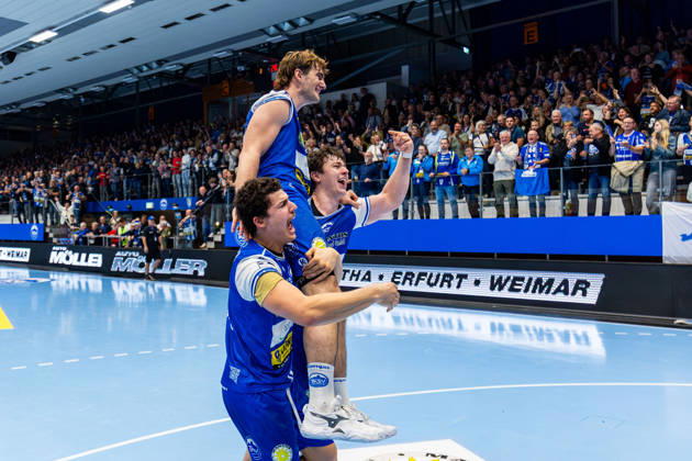 16.10.2026, GER, Handball, Maenner, Saison 26 27, Opel 1.Bl, 9.Spieltag, ThSV Eisenach - VfL Gummersbach Gian Attenhofer (ThSV Eisenach,11), Stephan Seitz (ThSV Eisenach,44), Tillman Leu (ThSV Eisenach,99) 99817 Eisenach Werner-Assmann-Halle Am Sportp Thueringen Deutschland