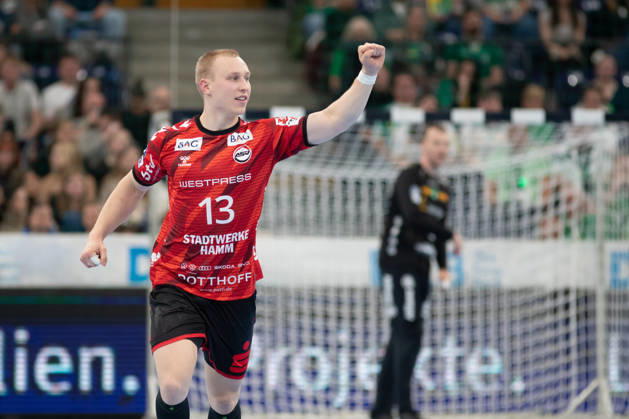 Handball, HBL2: SC DHfK Leipzig - ASV Hamm-Westfalen; 16.10.2026 Ole Machner (13, ASV Hamm-Westfalen) mit Tor-Jubel. Handball, 2. Bundesliga, Saison 2026 2027, 8. Spieltag: SC DHfK Leipzig vs. ASV Hamm-Westfalen am 16.10.2026 in der Quarterback Immobilien Arena Leipzig. Copyright: xBEAUTIFULxSPORTS JanxKaeferx