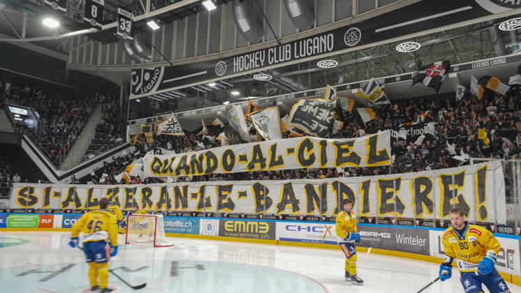 LUGANO, SWITZERLAND - OCTOBER 16: Lugano fans display they choreography before the game during the game between HC Lugano v HC Davos at the Corner Arena on October 16, 2026 in Lugano, Switzerland. Lugano Ticino Switzerland Copyright: xJustPictures.ch JarixPestelaccix jp-en-EuSpIm-JP6_JAr_NL_HCL_HCDavos_16Ott2026_000121