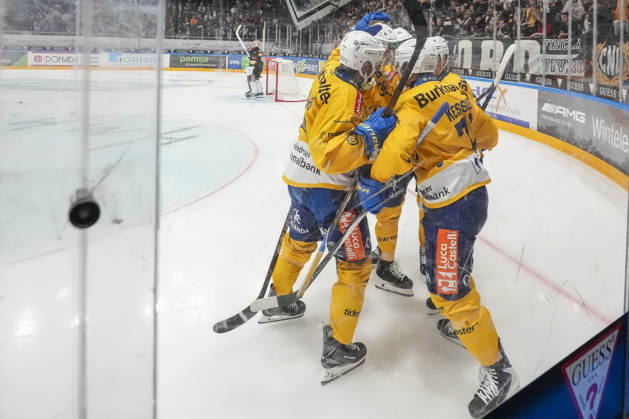LUGANO, SWITZERLAND - OCTOBER 16: HCD celebrates their first goal during the game between HC Lugano v HC Davos at the Corner Arena on October 16, 2026 in Lugano, Switzerland. Lugano Ticino Switzerland Copyright: xJustPictures.ch JarixPestelaccix jp-en-EuSpIm-JP6_JAr_NL_HCL_HCDavos_16Ott2026_000132