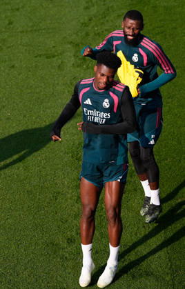 October 17, 2026, Valdebebas, Madrid, Spain: Antonio Rudiger and Aurelien Tchouameni during the training day of Real Madrid ahead the Spanish League, LaLiga EA Sports, football match against Sevilla FC at Ciudad Deportiva Real Madrid on October 17, 2026, in Valdebebas, Madrid, Spain. Real Madrid Training And press conference, PK, Pressekonferenz - LaLiga Ea Sports - ZUMAa181 20261017_zaa_a181_067 Copyright: xDennisxAgyemanx