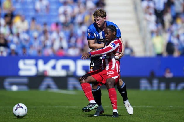 RCD Espanyol v Atletico de Madrid. La Liga EA Sports. Date 9 Clemens Riedel of RCD Espanyol and Jonathan David of Atletico de Madrid during the La Liga EA Sports match between RCD Espanyol and Atletico de Madrid played at RCDE Stadium on October 17, 2026 in Barcelona, Spain. Contributor Copyright: xPressinphotox PS_2627_ESP_ATL_008