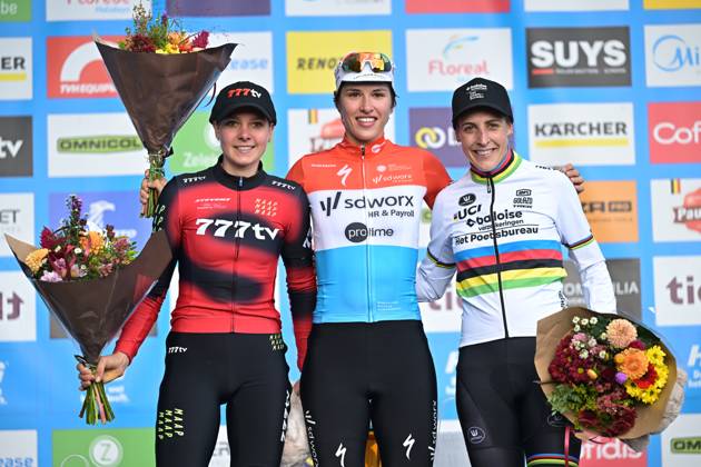 Dutch Aniek van Alphen; Luxembourgisch Marie Schreiber and Dutch Lucinda Brand pictured on the podium of the women s elite race of the Berencross Meulebeke cyclocross cycling event, race 2 8 in the HG Cross competition, on Saturday 17 October 2026. DAVIDxPINTENS  x190079680x
