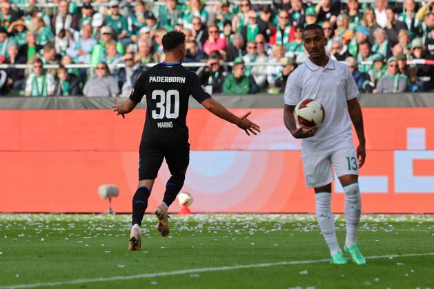 17.10.26, GER, Fussball, 1.FBL Männer, 6. Spieltag, Saison2026 2027, SV Werder Bremen vs. SC Paderborn 07 Torjubel Jubel. Torschütze Torschuetze Stefano Marino (SC Paderborn 07 30) jubelt ueber das Tor zum 0:1 Bremen Weserstadion Bremen Germany Copyright: xnordphotoxGmbHx xTauchnitzx