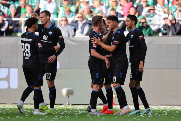 17.10.26, GER, Fussball, 1.FBL Männer, 6. Spieltag, Saison2026 2027, SV Werder Bremen vs. SC Paderborn 07 Torjubel Jubel. Torschütze Torschuetze Stefano Marino (SC Paderborn 07 30) jubelt ueber das Tor zum 0:1 Bremen Weserstadion Bremen Germany Copyright: xnordphotoxGmbHx xTauchnitzx