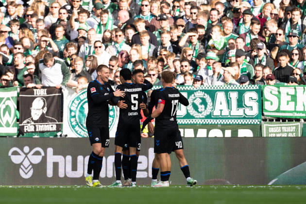 Tor zum 0:1 Stefano Marino (SC Paderborn 07, 30) jubelt Jubel mit Steffen Tigges (SC Paderborn 07, 27), Santiago Castaneda (SC Paderborn 07, 05) und Laurin Curda (SC Paderborn 07, 17), GER, SV Werder Bremen vs SC Paderborn 07, Fussball, Bundesliga, Spieltag 6, Saison 2026 2027, 17.10.2026 DFL REGULATIONS PROHIBIT ANY USE OF PHOTOGRAPHS AS IMAGE SEQUENCES AND OR QUASI-VIDEO GER, SV Werder Bremen vs SC Paderborn 07, Fussball, Bundesliga, Spieltag 6, Saison 2026 2027, 17.10.2026 Bremen Copyright: xEibner-Pressefoto MaxxVincenx EP_MVN