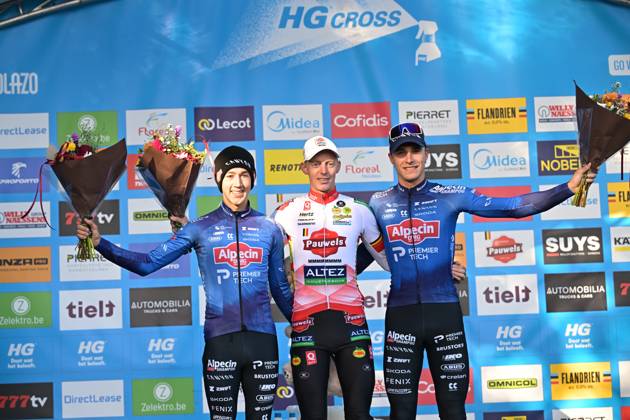 Belgian Jente Michels; Belgian Michael Vanthourenhout and Belgian Niels Vandeputte pictured on the podium after the men s elite race of the Berencross Meulebeke cyclocross cycling event, race 2 8 in the HG Cross competition, on Saturday 17 October 2026. DAVIDxPINTENS  x190090619x