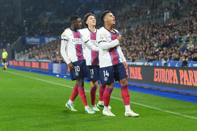RC Strasbourg Alsace v Paris Saint-Germain - Ligue 1 McDonald s 2026 2027 Desire DOUE of Paris Saint Germain Ousmane DEMBELE of Paris Saint Germain and Maghnes AKLIOUCHE of Paris Saint Germain during Ligue 1 McDonald s match between Strasbourg and Paris at Stade de la Meinau on October 17, 2026 in Strasbourg, France. Strasbourg France  Copyright: xDanielxDerajinskix 776577014