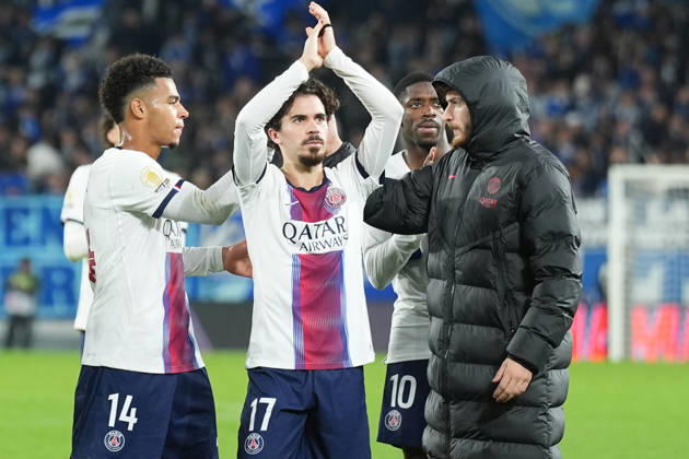 RC Strasbourg Alsace v Paris Saint-Germain - Ligue 1 McDonald s 2026 2027 Desire DOUE of Paris Saint Germain and VITINHA of Paris Saint Germain and Khvicha KVARATSKHELIA of Paris Saint Germain during Ligue 1 McDonald s match between Strasbourg and Paris at Stade de la Meinau on October 17, 2026 in Strasbourg, France. Strasbourg France  Copyright: xDanielxDerajinskix 776577014