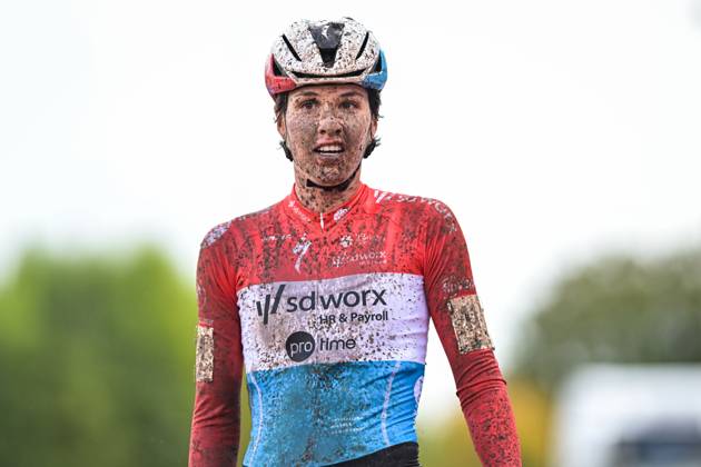 Luxembourgian Marie Schreiber of SD Worx-Protime celebrates as she crosses the finish line to win the women s elite race of the Berencross Meulebeke cyclocross cycling event, race 2 8 in the HG Cross competition, on Saturday 17 October 2026. DAVIDxPINTENS  x190096467x