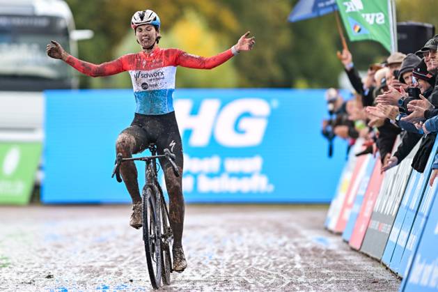 Luxembourgian Marie Schreiber of SD Worx-Protime celebrates as she crosses the finish line to win the women s elite race of the Berencross Meulebeke cyclocross cycling event, race 2 8 in the HG Cross competition, on Saturday 17 October 2026. DAVIDxPINTENS  x190096470x