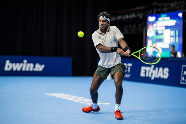Nishesh Basavareddy of the United States pictured in action during the European Open ATP, Tennis Herren tennis tournament in Brussels, on Saterday 17 October. This year s edition of the tournament is taking place from 17 to 25 October JASPERxJACOBS x190102566x