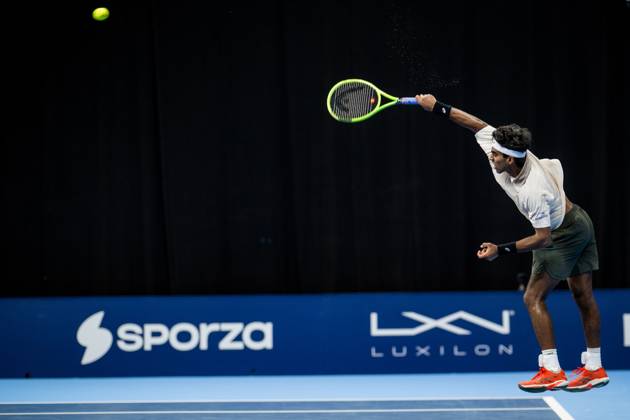 Nishesh Basavareddy of the United States pictured in action during the European Open ATP, Tennis Herren tennis tournament in Brussels, on Saterday 17 October. This year s edition of the tournament is taking place from 17 to 25 October JASPERxJACOBS x190102695x