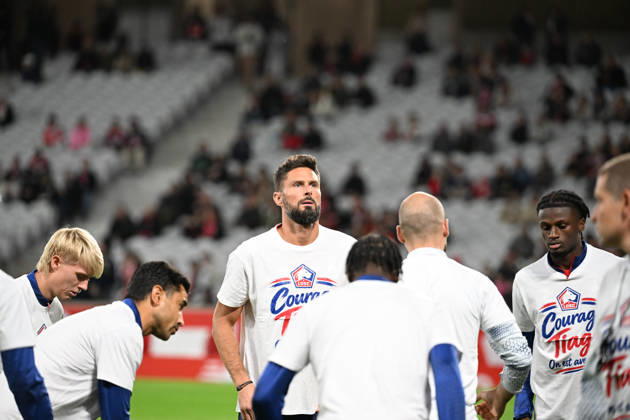 LOSC Lille v Stade Brestois 29 - Ligue 1 McDonald s 2026 2027 Olivier GIROUD;Hakon Arnar HARALDSSON;Maxima GOFFI of Lille during Ligue 1 McDonald s between Lille and Brest at Stade Pierre Mauroy on October 17, 2026 in Lille, France. Lille France Copyright: xIconxSportx 776577018