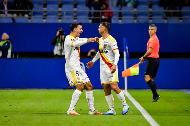 FOOTBALL : ESTAC Troyes vs RC Lens - Ligue 1 - Journée 7 - 17 10 2026 Joie des joueurs du RC Lens aprés le but de Ruben Aguilar (RC Lens) TroyesFrance  Copyright: xBaptistexAutissierx