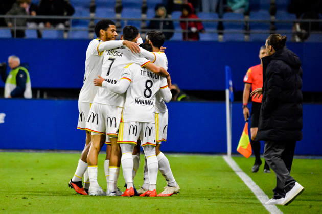 FOOTBALL : ESTAC Troyes vs RC Lens - Ligue 1 - Journée 7 - 17 10 2026 Joie des joueurs du RC Lens aprés le but de Ruben Aguilar (RC Lens) TroyesFrance  Copyright: xBaptistexAutissierx