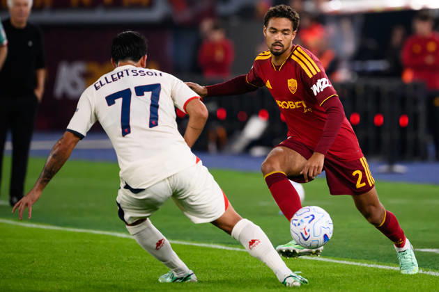 Mikael Egill Ellertsson of Genoa CFC and Devyne Rensch of AS Roma during the Serie A 2026 2027 football match between AS Roma and Genoa CFC at Stadio Olimpico in Rome (Italy), October 17, 2026. AndreaxStaccioli