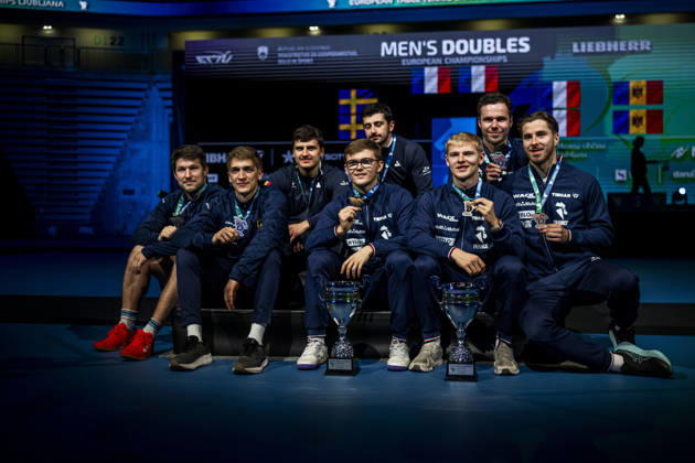 261017 Kristian Karlsson and Anton Källberg of Sweden during the prize giving ceremony after the men s doubles final during day 7 of the European Table tennis, Tischtennis Championship on October 17, 2026 in Ljubljana. Photo: Martin Metelko BILDBYRÅN COP 362 ME0002 bordtennis table tennis pingis 2026 european table tennis championship bordtennis-em em 7 bbeng Copyright: MARTINxMETELKO BB261017ZC046