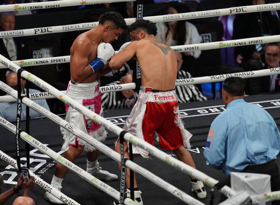 BOXING: Marco Romero vs Matias Ferreira in Las Vegas LAS VEGAS, NEVADA - OCTOBER 17: Marco Romero (in pink&white short) knock Matias Ferreira (in red&white short) out in the first round of 8 during their super middleweight fight on Saturday night at the Chelsea of The Cosmopolitan in Las Vegas, Nevada, United States on October 17, 2026. Tayfun Coskun Anadolu Nevada United States. Editorial use only. Please get in touch for any other usage.  Copyright: x2026xAnadoluxTayfunxCoskunx