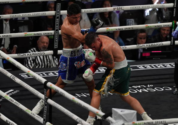 BOXING: Armando Resendiz vs Koen Mazoudier in Las Vegas LAS VEGAS, NEVADA - OCTOBER 17: Armando Resendiz (in blue short) and Koen Mazoudier (in green short) exchange punches during their super middleweight fight on Saturday night at the Chelsea of The Cosmopolitan in Las Vegas, Nevada, United States on October 17, 2026. Tayfun Coskun Anadolu Nevada United States. Editorial use only. Please get in touch for any other usage.  Copyright: x2026xAnadoluxTayfunxCoskunx