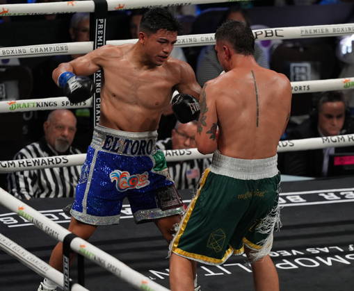 BOXING: Armando Resendiz vs Koen Mazoudier in Las Vegas LAS VEGAS, NEVADA - OCTOBER 17: Armando Resendiz (in blue short) and Koen Mazoudier (in green short) exchange punches during their super middleweight fight on Saturday night at the Chelsea of The Cosmopolitan in Las Vegas, Nevada, United States on October 17, 2026. Tayfun Coskun Anadolu Nevada United States. Editorial use only. Please get in touch for any other usage.  Copyright: x2026xAnadoluxTayfunxCoskunx