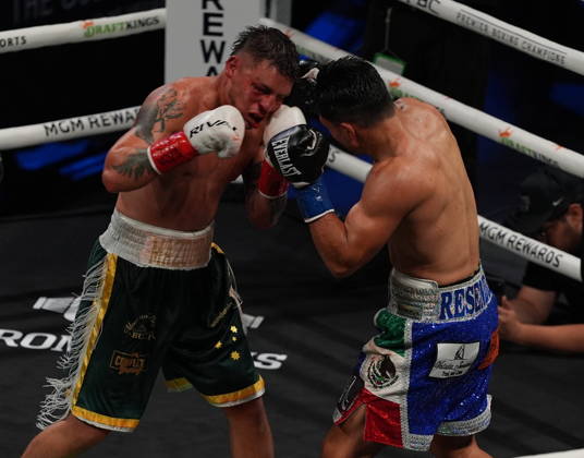 BOXING: Armando Resendiz vs Koen Mazoudier in Las Vegas LAS VEGAS, NEVADA - OCTOBER 17: Armando Resendiz (in blue short) and Koen Mazoudier (in green short) exchange punches during their super middleweight fight on Saturday night at the Chelsea of The Cosmopolitan in Las Vegas, Nevada, United States on October 17, 2026. Tayfun Coskun Anadolu Nevada United States. Editorial use only. Please get in touch for any other usage.  Copyright: x2026xAnadoluxTayfunxCoskunx